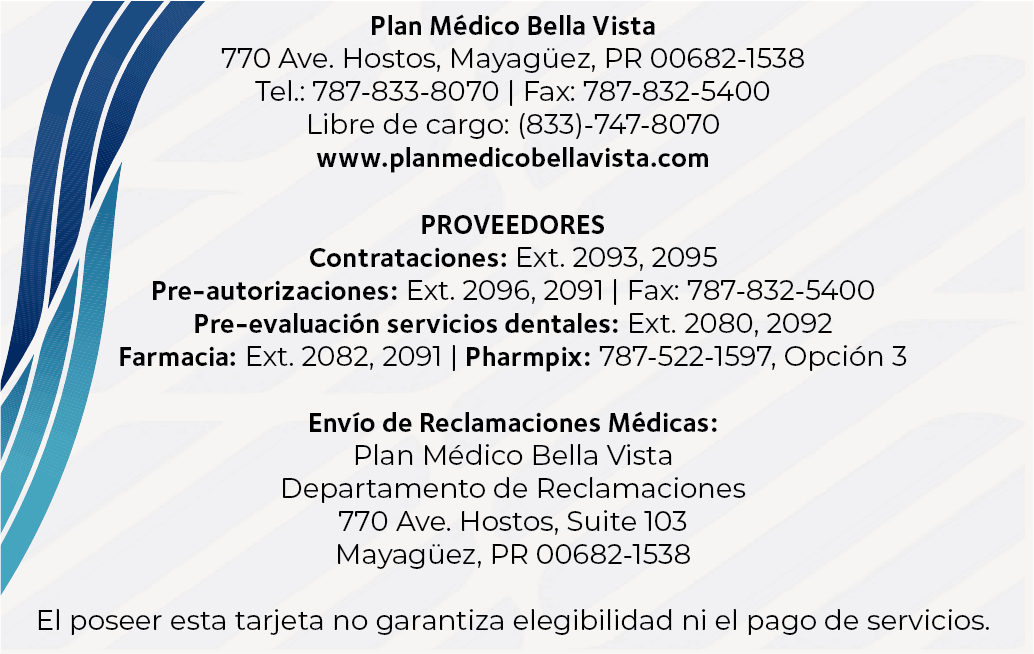 Reverso de la tarjeta Plan Médico Bella Vista